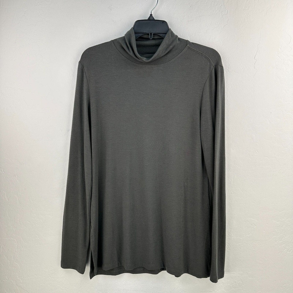 Joan Vass New York Top Womens Medium Green Turtle Neck Long Sleeve Side Slit